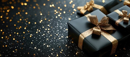 Luxury black gift boxes with gold ribbon on a shiny background Presents for Christmas and birthday parties Flat lay Copy space Top view