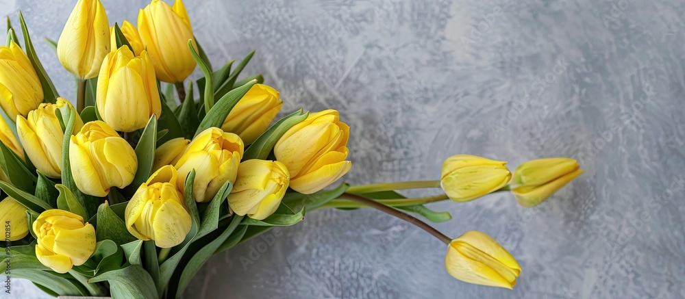 Poster tulip bouquet and yellow box on a white table. with copy space image. Place for adding text or design