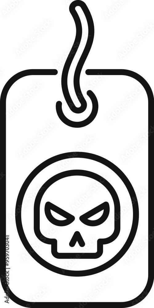 Poster simple line icon of a tag with a skull, representing a warning or danger