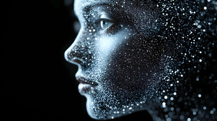 Abstract Woman Face with Glowing Light Particles