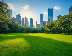 Obraz premium Green lawn with tall buildings behind.