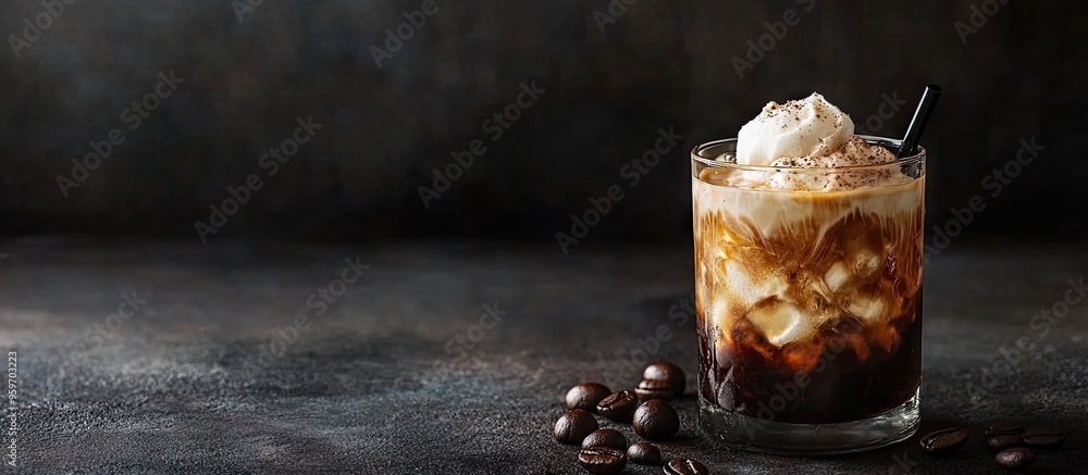 Poster Cold coffee with ice cream on a dark background A refreshing invigorating cocktail served on the rocks Vertical orientation copyspace