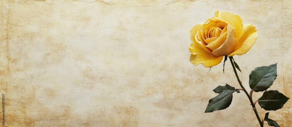 Aufkleber textured vintage paper background featuring a yellow rose. with copy space image. Place for adding text or design
