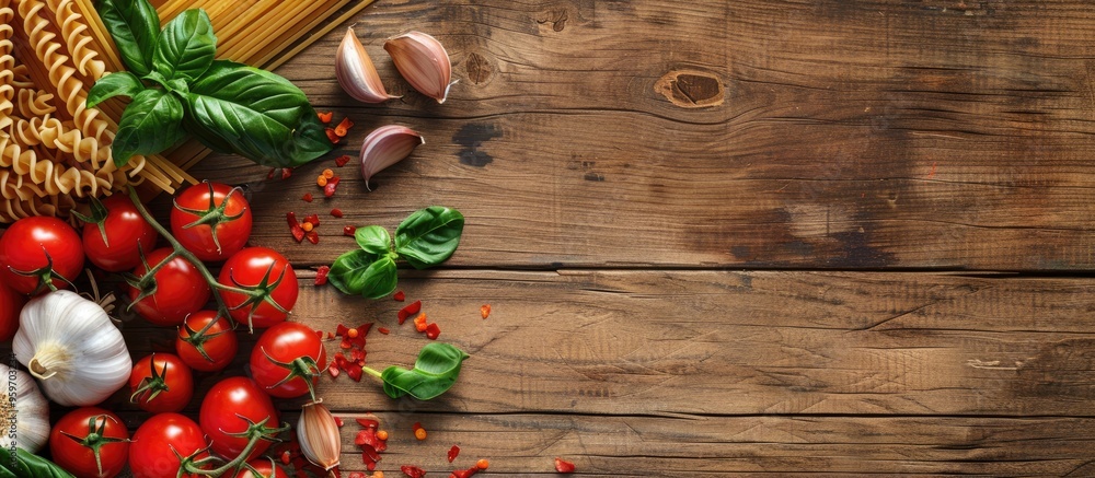 Aufkleber ingredients for pasta spaghetti including garlic cherry tomatoes and paprika arranged on a wooden ba