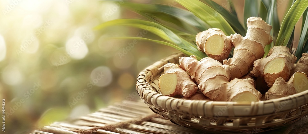 Poster japanese ginger in a bamboo basket. with copy space image. place for adding text or design