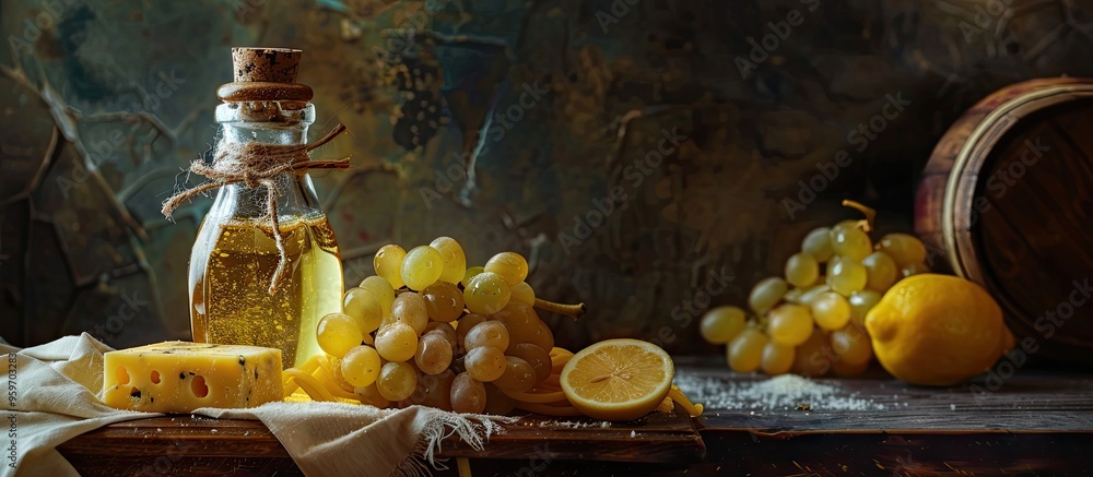 Poster still life featuring pasta parmesan grapes and an ice cold lemon drink in a glass jar against a dark