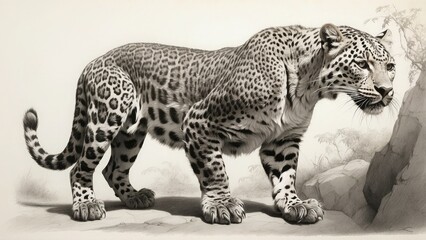 Pencil sketch ofa leopard illustrating the animals sharp features and dynamic posture reflecting its majestic mammals traits