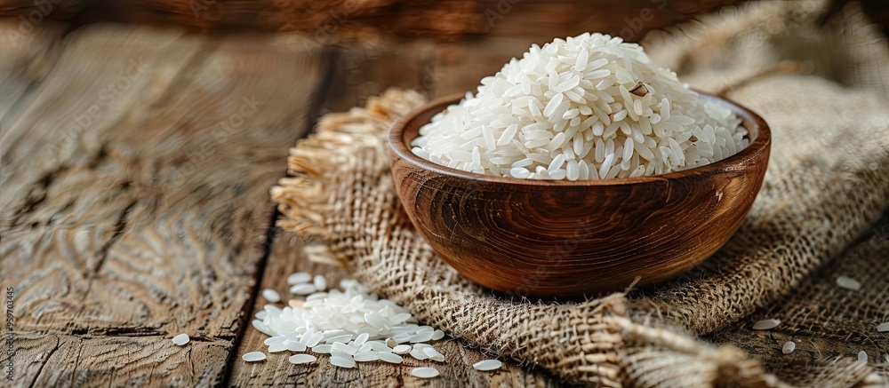 Poster White rice in a bowl on a wooden table backdrop. with copy space image. Place for adding text or design