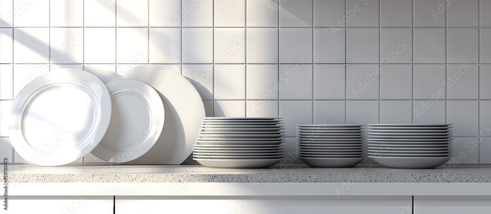 Poster clean dishes on a white kitchen interior with a granite countertop with no one present. with copy sp