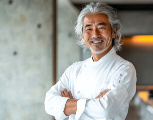 A Japanese male chef wearing a white chef's uniform smiling and her arms crossed in a kitchen with gray concrete walls.