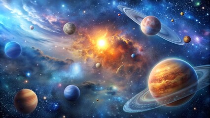 Beautiful cosmic background in a universe with different planets
