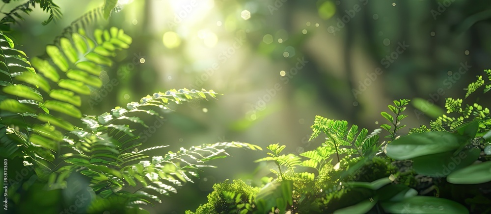 Aufkleber close up view of a green leaf with a blurred green backdrop in a garden featuring copy space serving