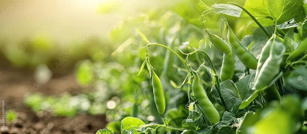 Poster green pea plants growing in a vegetable garden. with copy space image. place for adding text or desi