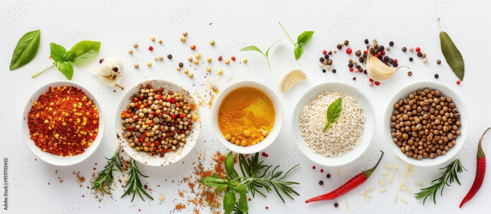 Poster Cooking ingredients for food arranged on a white background from a top view. with copy space image. Place for adding text or design