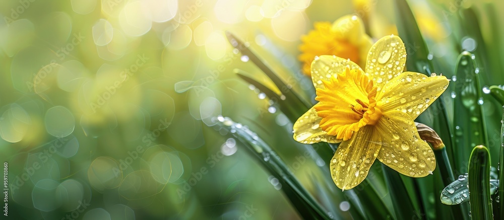 Poster daffodil plants featuring raindrops on their leaves. with copy space image. place for adding text or