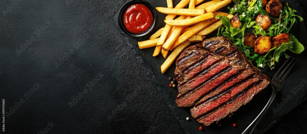 Aufkleber sliced flank steak grilled medium rare over charcoal served with fries and salad. with copy space im