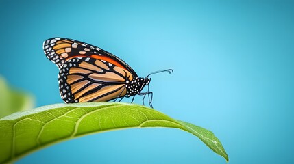 A vibrant monarch butterfly perched delicately on a green leaf against a soothing blue background. 