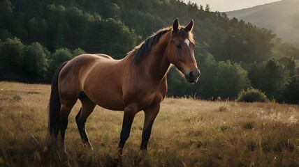 Obraz premium Wild horse in natural landscape during golden hour with lush greenery with forested hills background