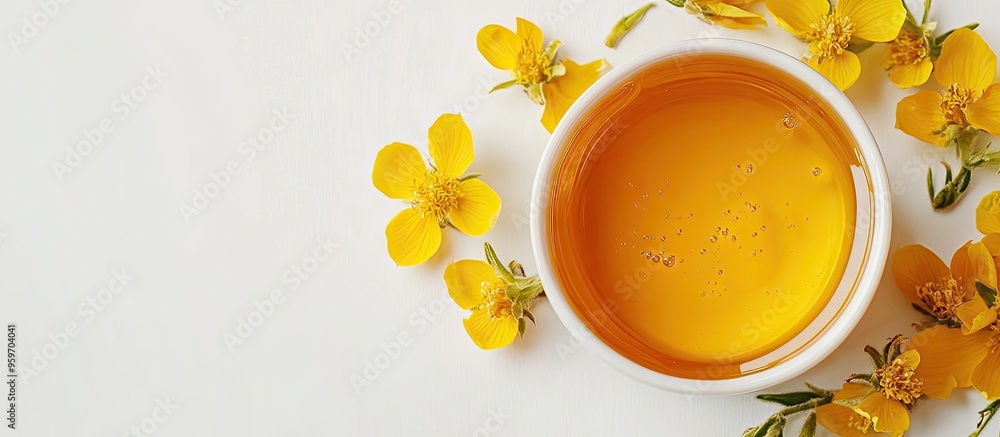 Poster a bowl of honey with surepka flowers on a white background surepka has antioxidant benefits and incl