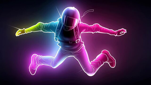 Vibrant neon artwork depicting a figure suspended in midair, embracing the thrill of indoor skydiving.