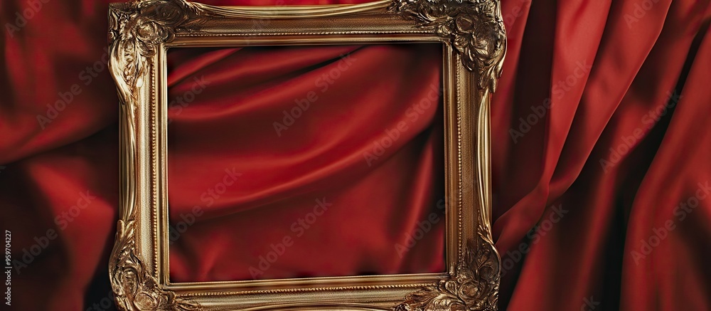Aufkleber antique gold photo frame red fabric backdrop. with copy space image. place for adding text or design