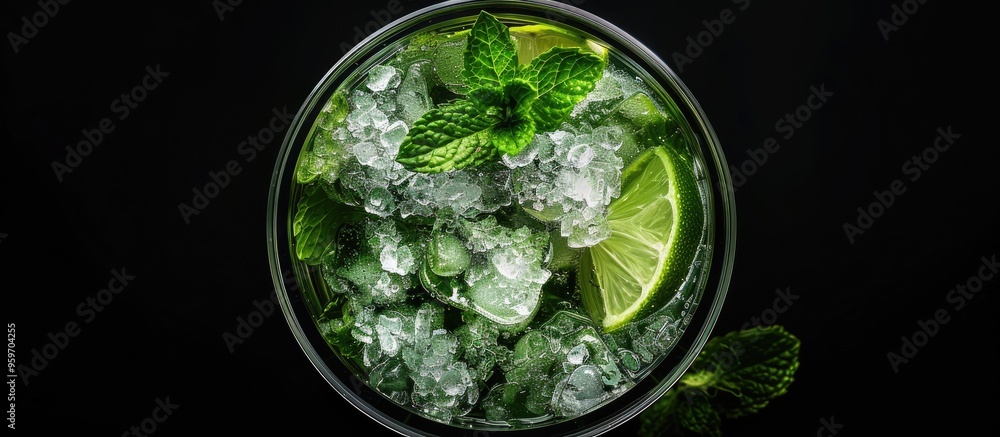Poster mojito cocktail a refreshing blend of mint rum and lime served as a cold drink black background top 