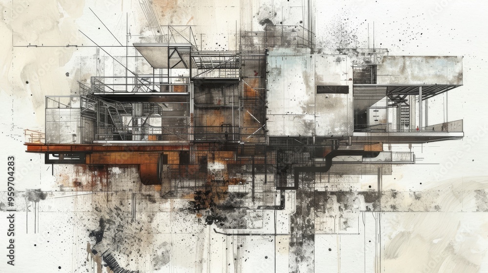 Poster a highly detailed architectural illustration showcasing an industrial structure with various interco