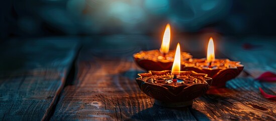 Buddhism Utilizing candles Yantra and the mantra in Sanskrit Om tare tuttare ture svoha which translates to thank Green Tara on a dark wooden background from a top view with copy space