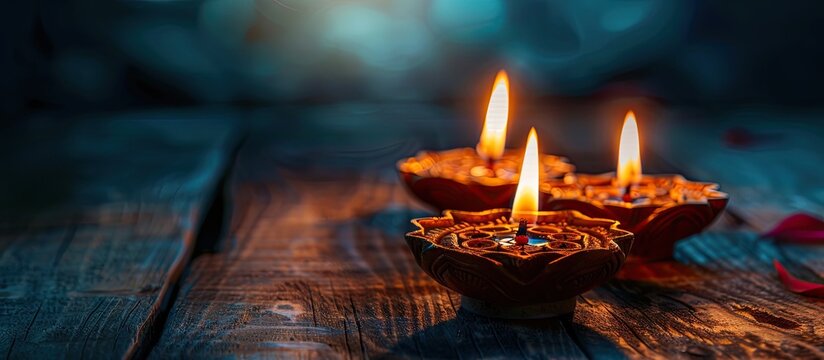 Buddhism Utilizing candles Yantra and the mantra in Sanskrit Om tare tuttare ture svoha which translates to thank Green Tara on a dark wooden background from a top view with copy space