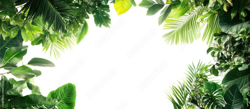 Aufkleber tropical tree leaves with branches on a white isolated background create a green foliage backdrop. w
