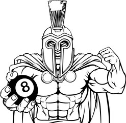 A spartan or trojan angry mean pool billiards mascot cartoon character holding a black 8 ball.