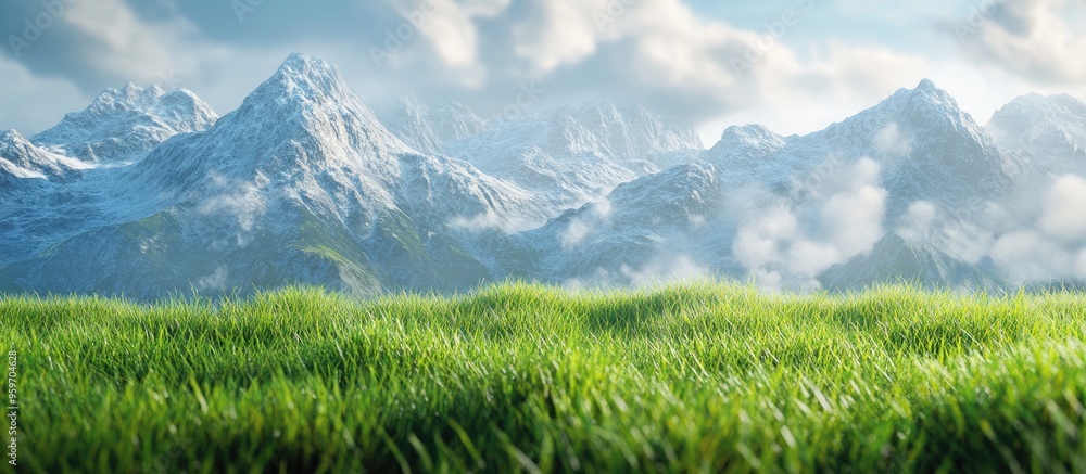 Poster A grassy field in front of snow covered mountains. with copy space image. Place for adding text or design