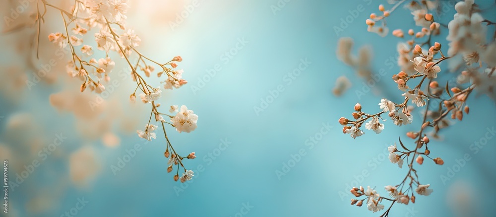Aufkleber A frame composed of flowering branches set against a blue background. with copy space image. Place for adding text or design