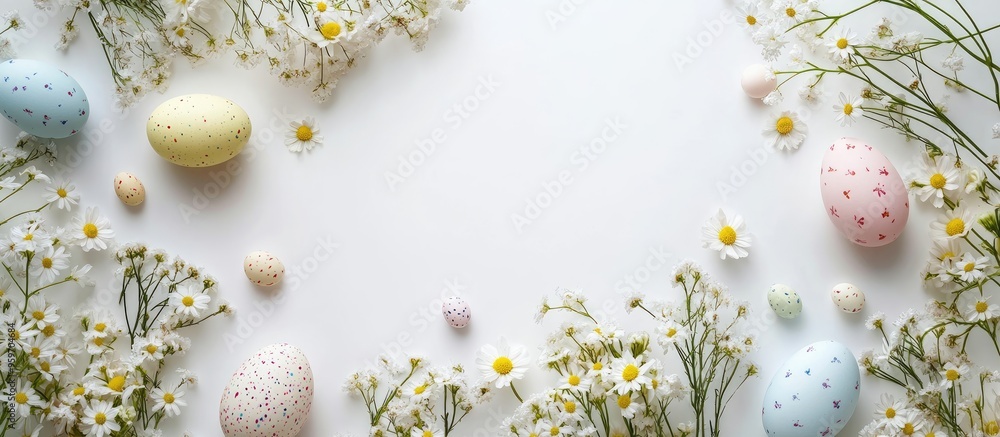 Leinwandbilder easter arrangement spring flowers and easter eggs on a white background top view. with copy space im