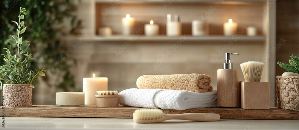 Poster Spa arrangement featuring soap brush candle and assorted bath accessories in containers. with copy space image. Place for adding text or design