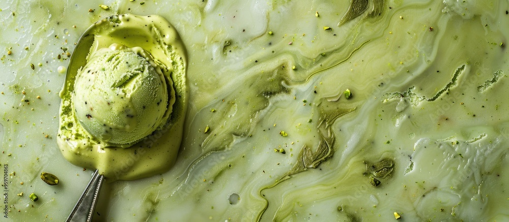 Poster A scoop of pistachio ice cream on a small marble slab. with copy space image. Place for adding text or design