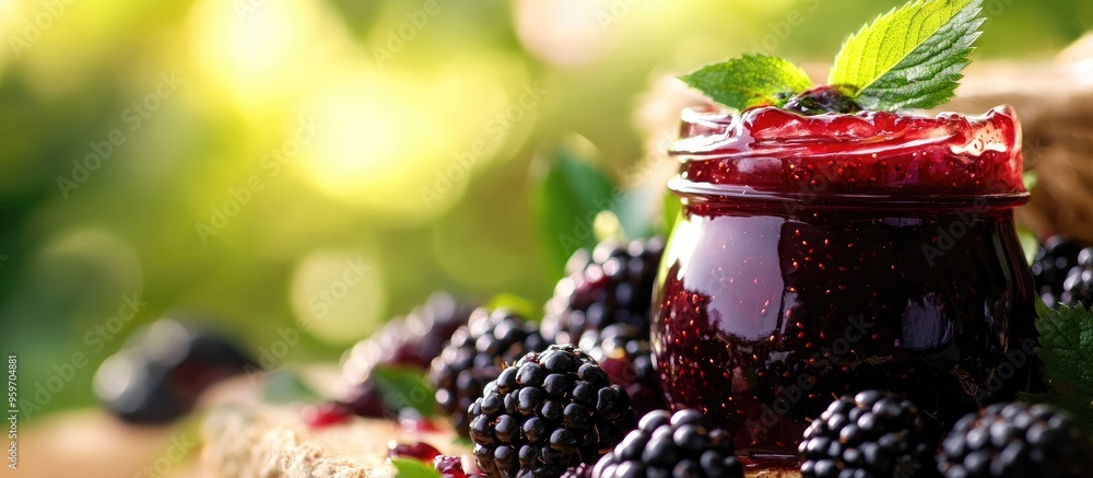 Poster blackberry jam freshly made blackberry jam area for text. with copy space image. place for adding te
