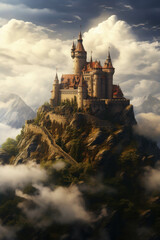 Naklejka premium Castle Above the Clouds: A majestic medieval castle perched atop a mountain peak, shrouded in ethereal mist and bathed in golden sunlight. 