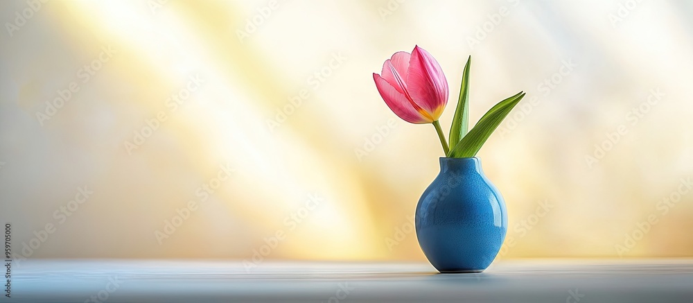 Poster a single pink tulip in a blue vase on a table captured up close against a white and yellow backgroun