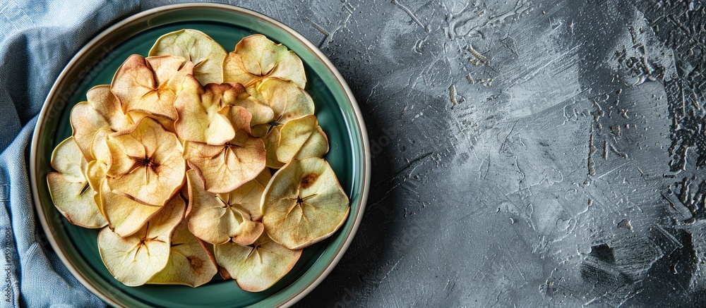 Poster healthy apple chips on a round green plate with a blue cotton kitchen towel on a grey background. wi