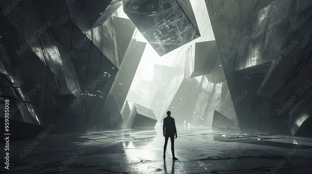 Poster a lone silhouette stands in a surreal landscape filled with massive geometric shapes. the scene is i
