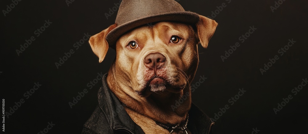 Poster Portrait of a dog in a studio gazing at the camera while wearing a hat. with copy space image. Place for adding text or design