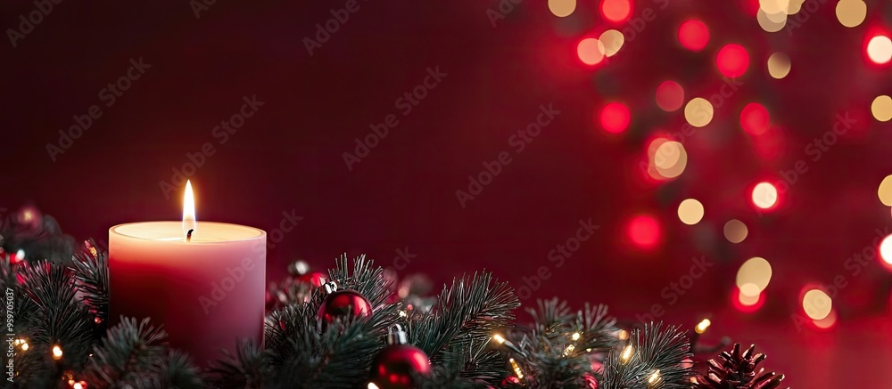 Poster Christmas decor with a candle set against red festive lights. with copy space image. Place for adding text or design