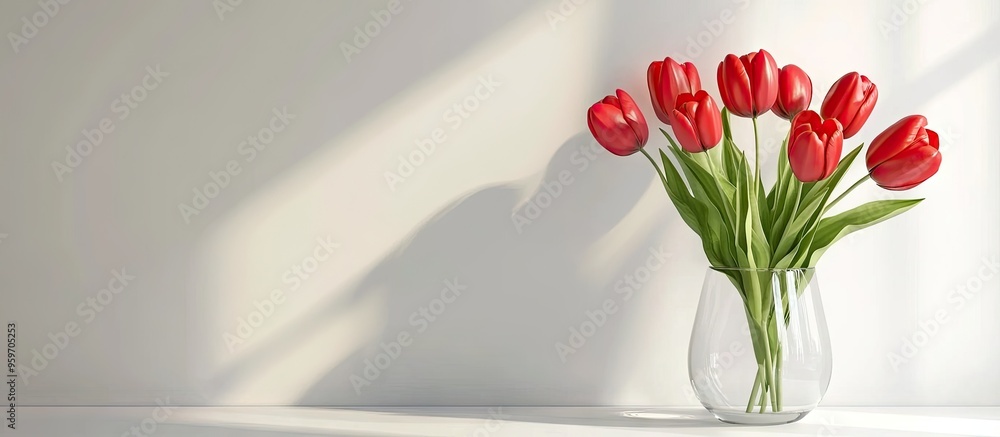 Leinwandbilder red tulips in a glass vase against a background of a white wall. with copy space image. Place for adding text or design