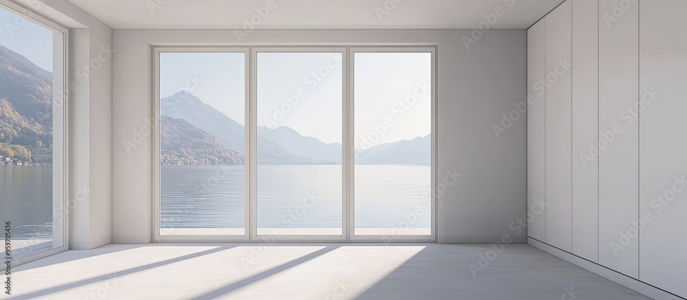 Poster a vacant white room with windows facing the lake and a large white wardrobe no one is present inside