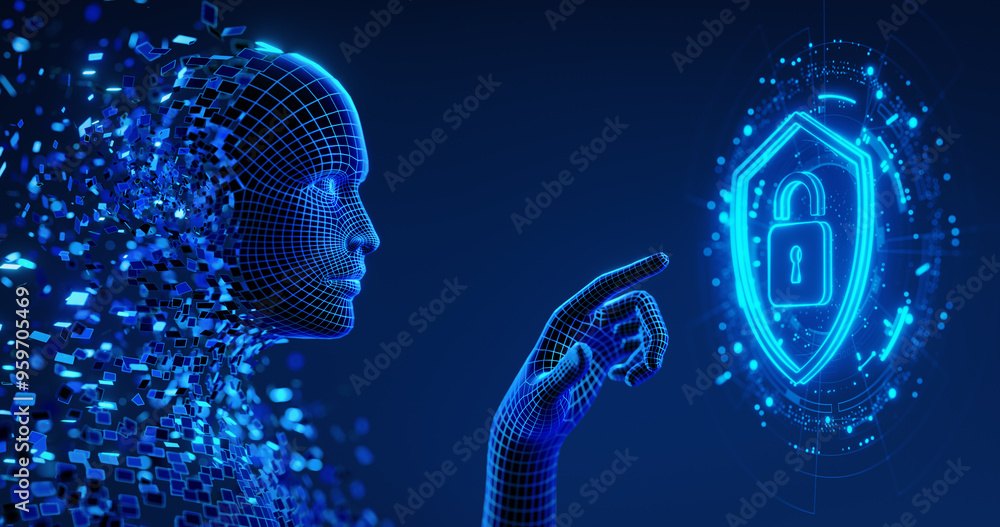 Poster human digital avatar as a symbol of ai presses a virtual button on screen with shield icon. cyber se