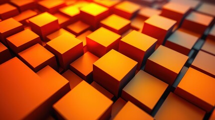 Symmetrical 3D orange squares with varying sizes, floating in depth, luminous accents. Abstract and Minimalistic Design Backgrounds
