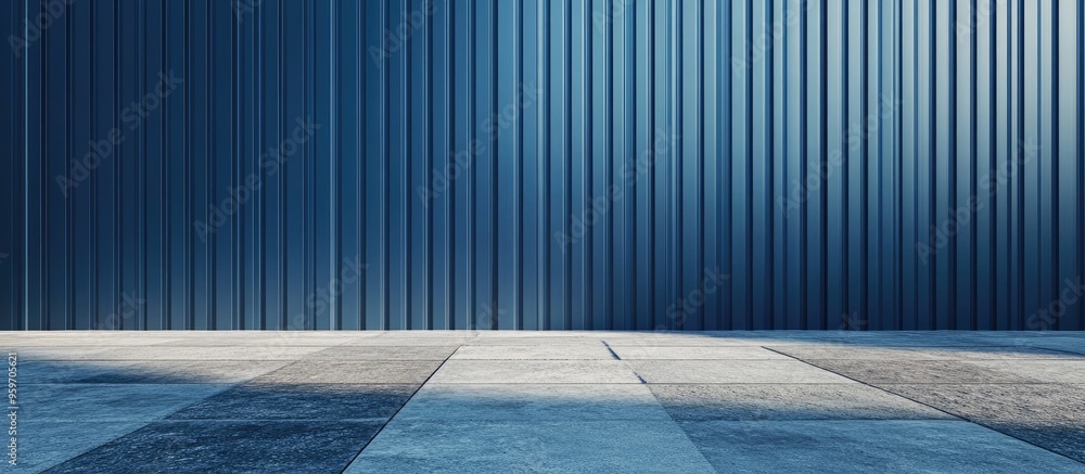 Poster blue aluminum cladding wall with vertical stripes and a porphyry pavement in the foreground backgrou
