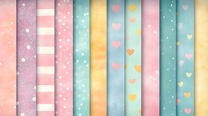 Pastel Watercolor Seamless Patterns Set Hearts Polka Dots Stripes Boho Chic Backgrounds
