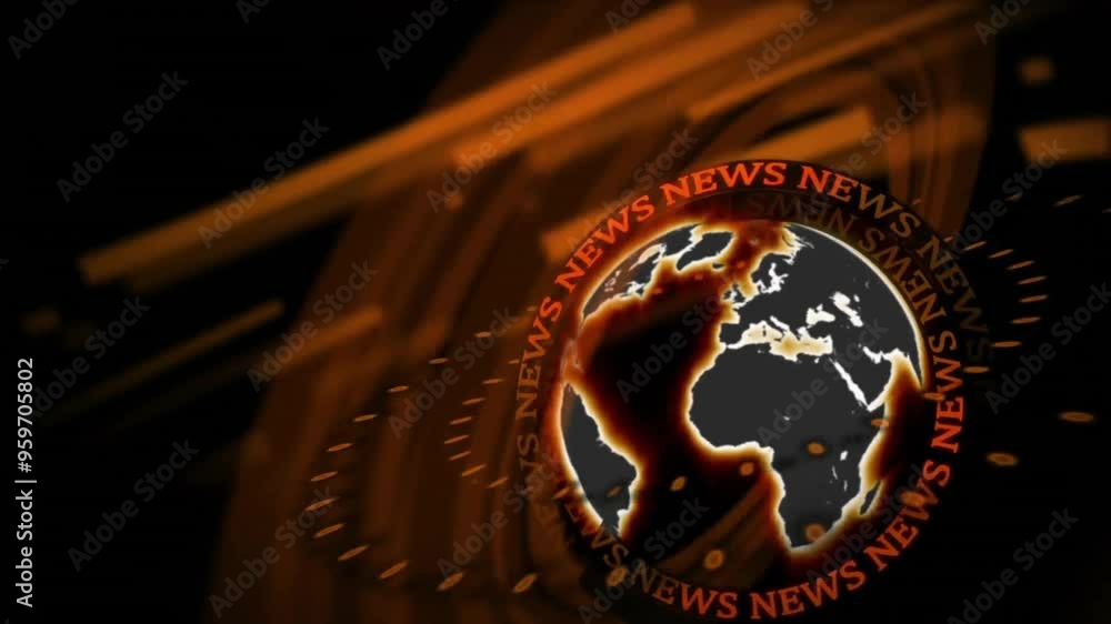 Poster spinning globe with news text animation over dark background with orange lines
